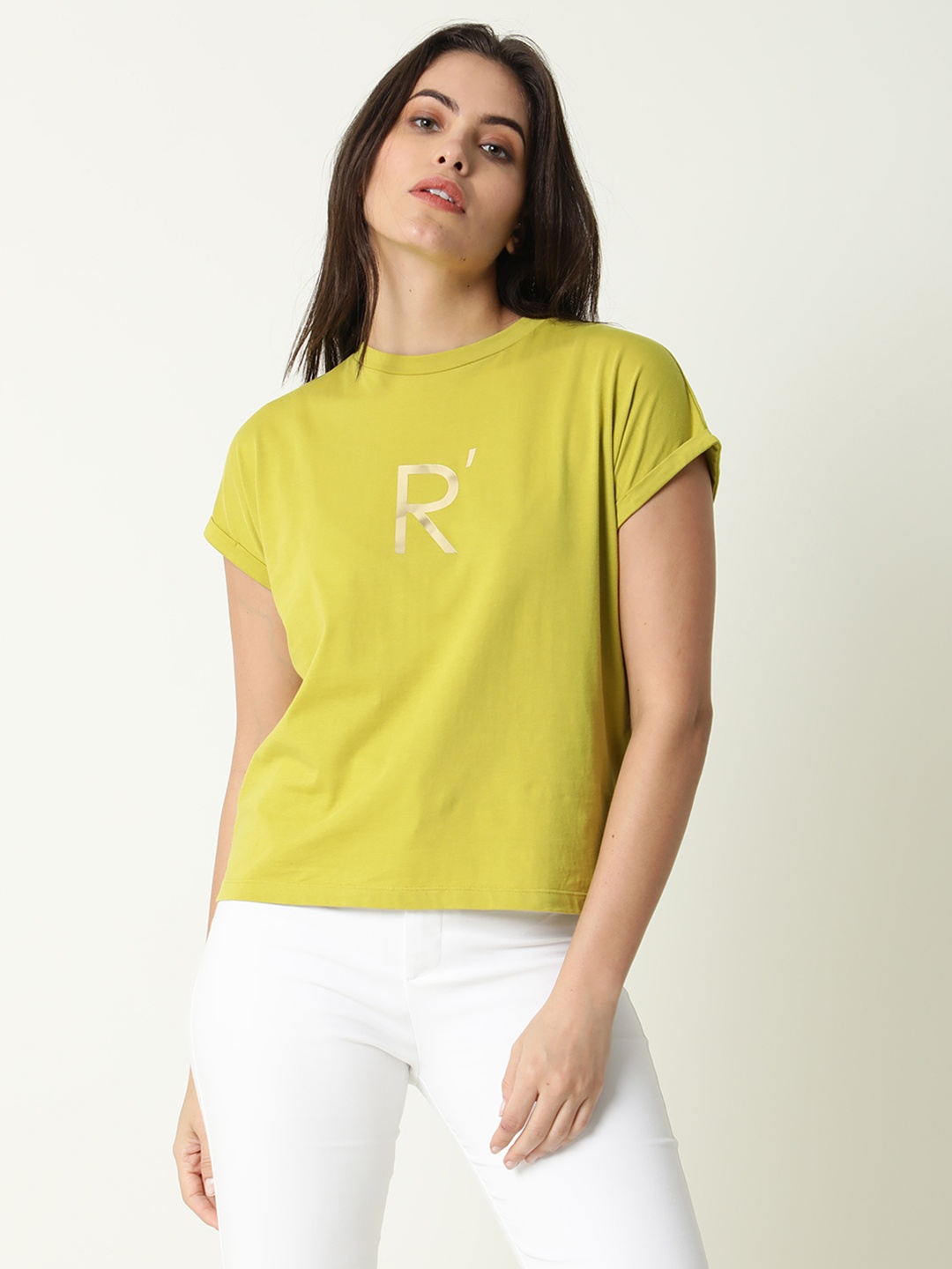 

RAREISM Women Lime Green Typography Printed Extended Sleeves Pure Cotton Slim Fit T-shirt