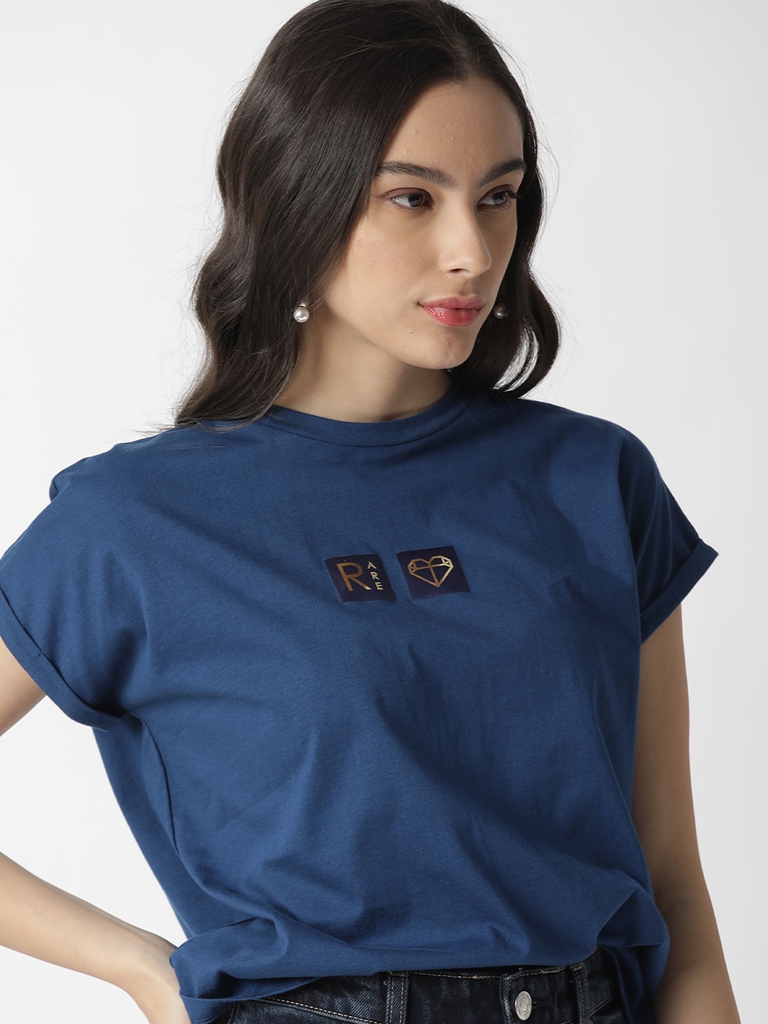 

RAREISM Women Blue Printed Round Neck Pure Cotton T-shirt