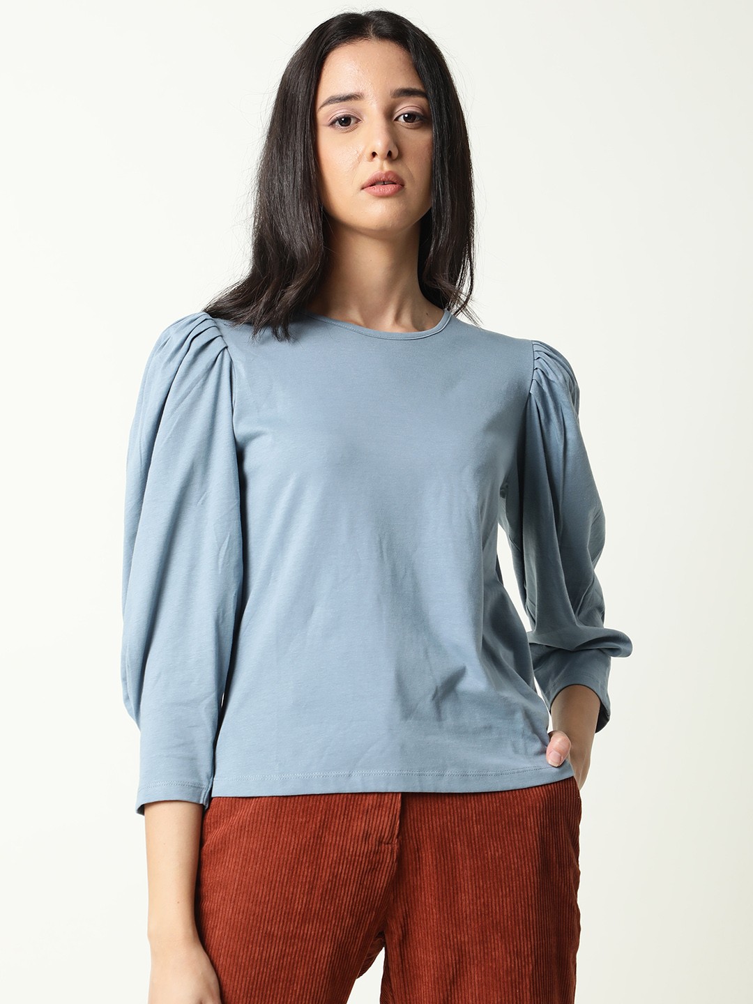 

RAREISM Women Blue Pure Cotton Slim Fit T-shirt