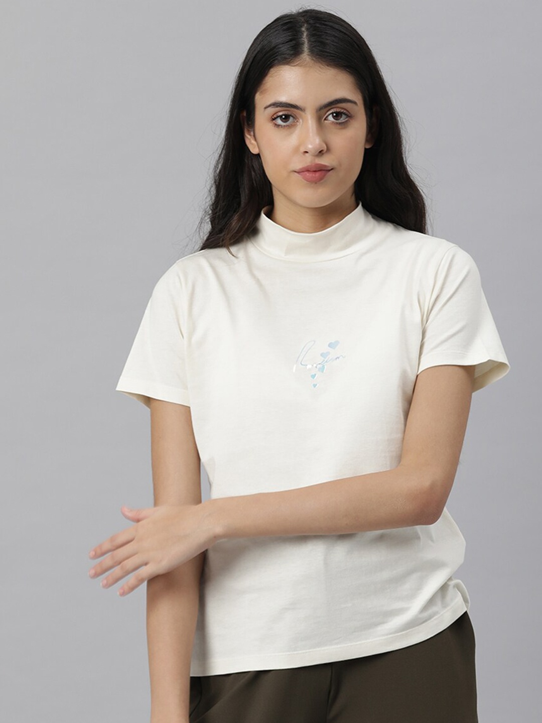 

RAREISM Women Off White Pure Cotton Slim Fit T-shirt