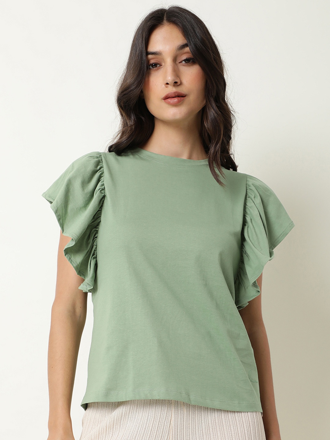 

RAREISM Green Solid Pure Cotton Top
