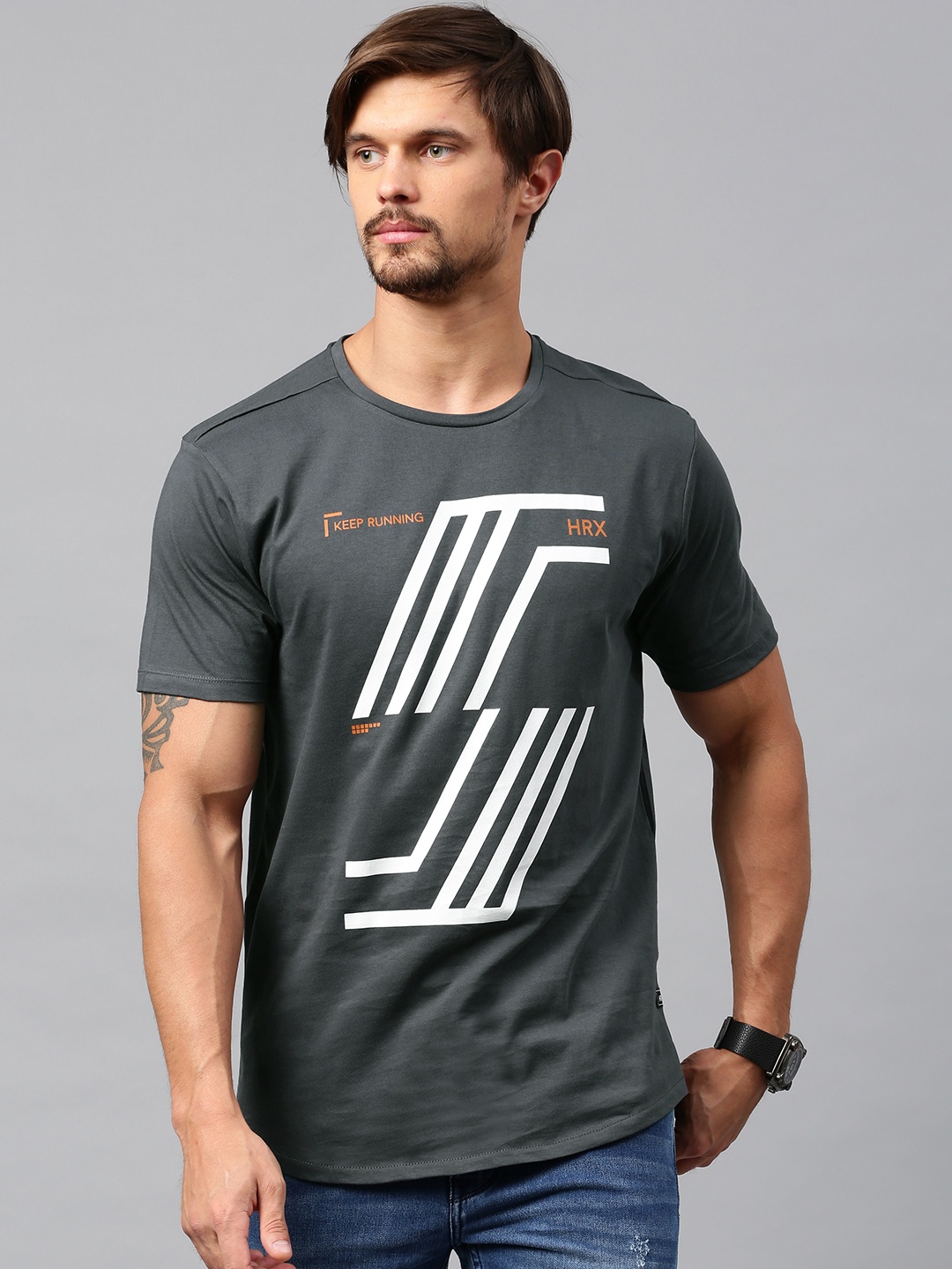 

HRX by Hrithik Roshan Men Grey Printed Cotton Pure Cotton T-shirt