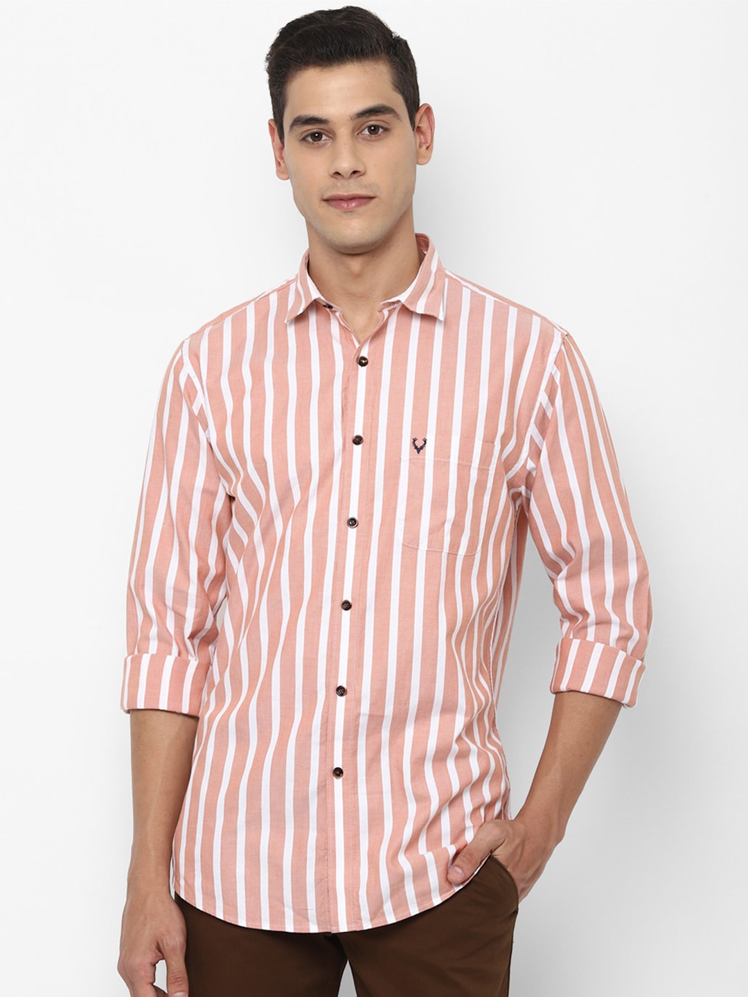 

Allen Solly Men Peach-Coloured Slim Fit Striped Pure Cotton Casual Shirt