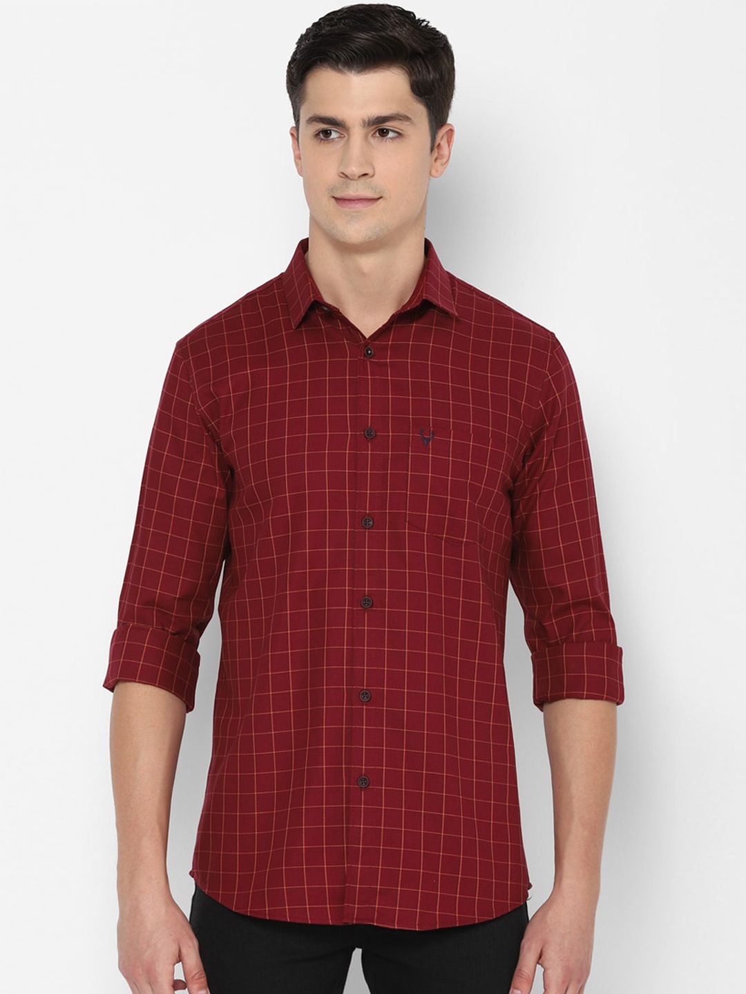 

Allen Solly Men Red Slim Fit Windowpane Checked Pure Cotton Casual Shirt