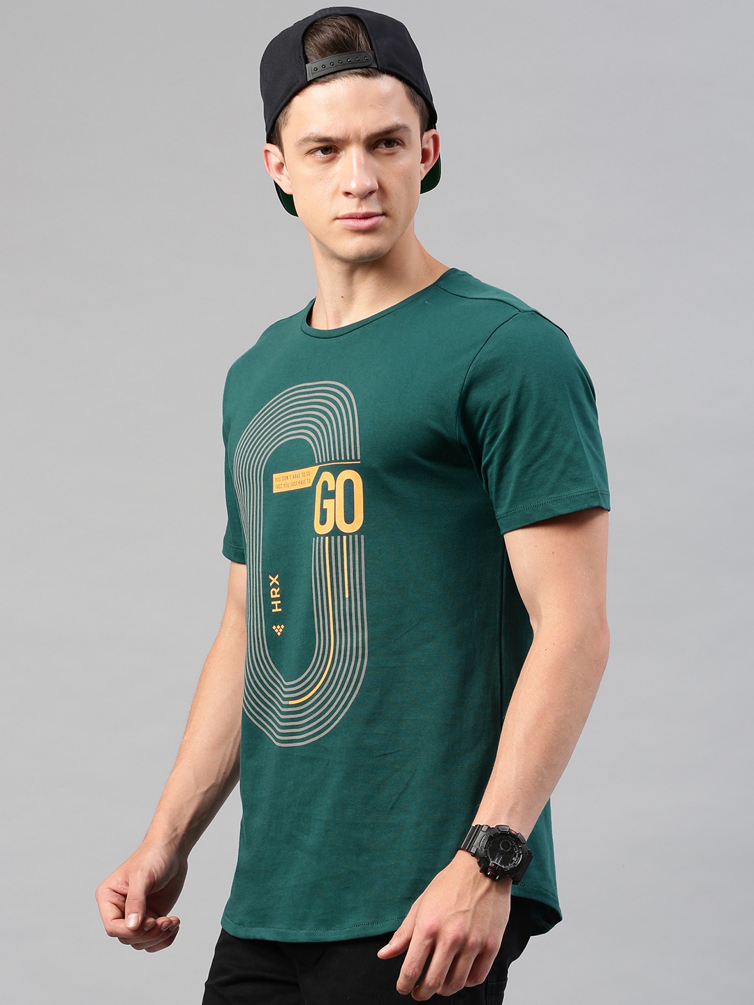 

HRX by Hrithik Roshan Men Green Printed Round Neck Pure Cotton T-shirt