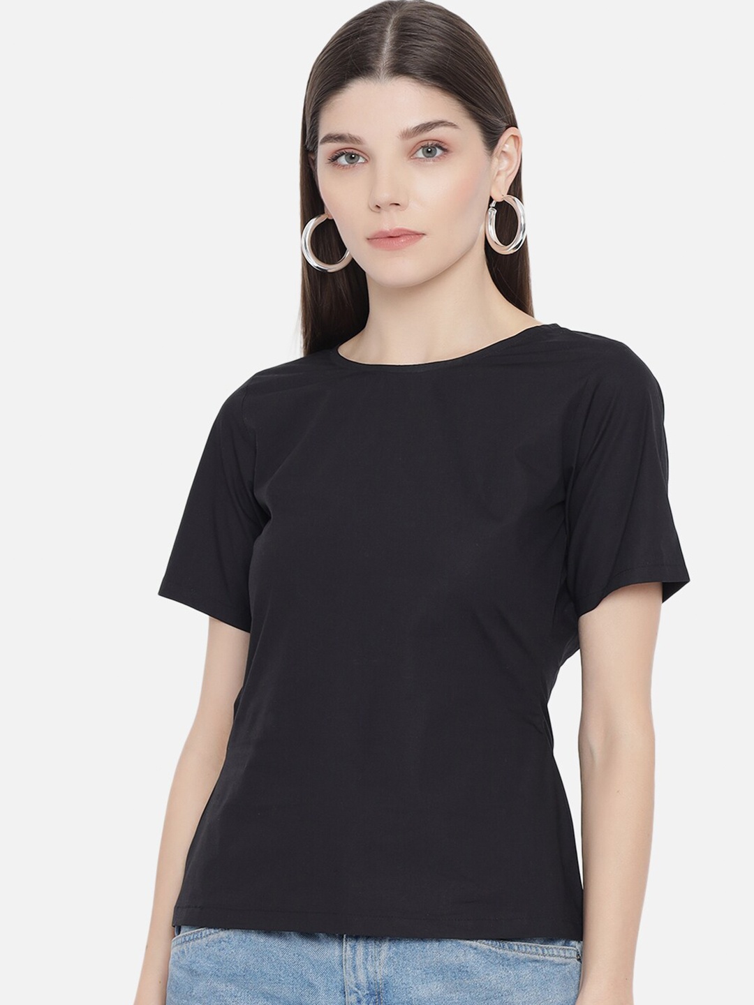 

Samshek Black Black Solid Round Neck Cotton Regular Top