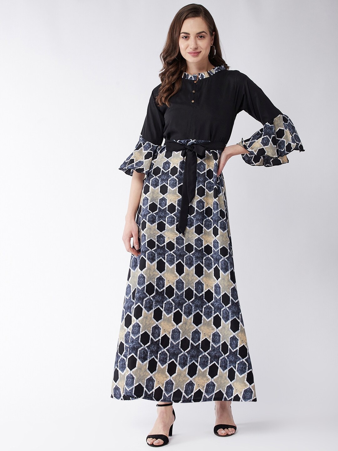 

Purple Feather Black Floral Crepe Maxi Dress