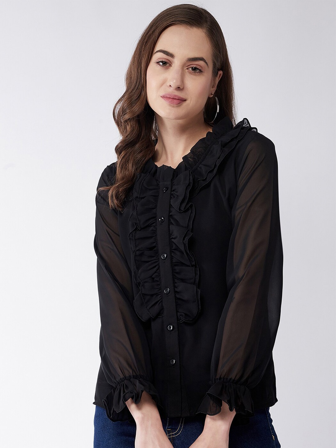 

Purple Feather Black Ruffles Georgette Shirt Style Top