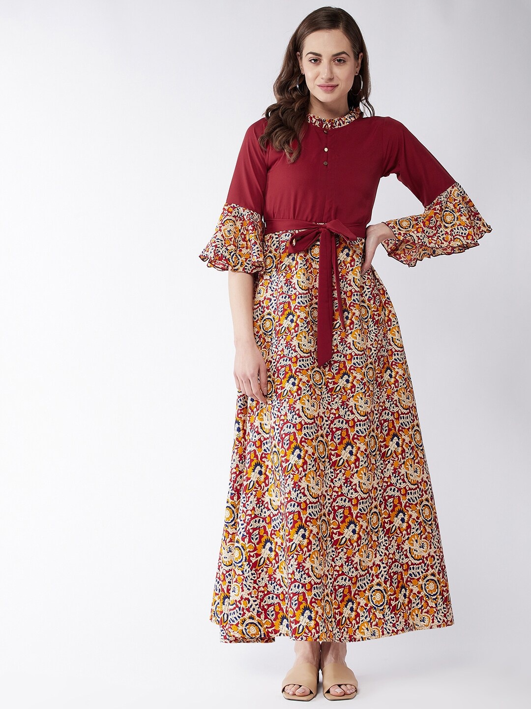 

Purple Feather Maroon Ethnic Motifs Crepe Ethnic A-Line Maxi Dress