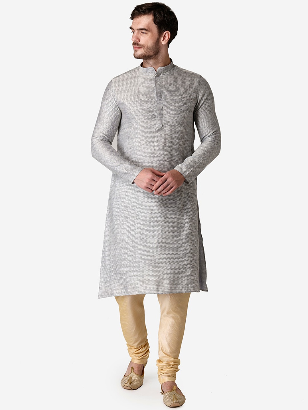 

TABARD Men White Jaquard Printed Kurta with Churidar