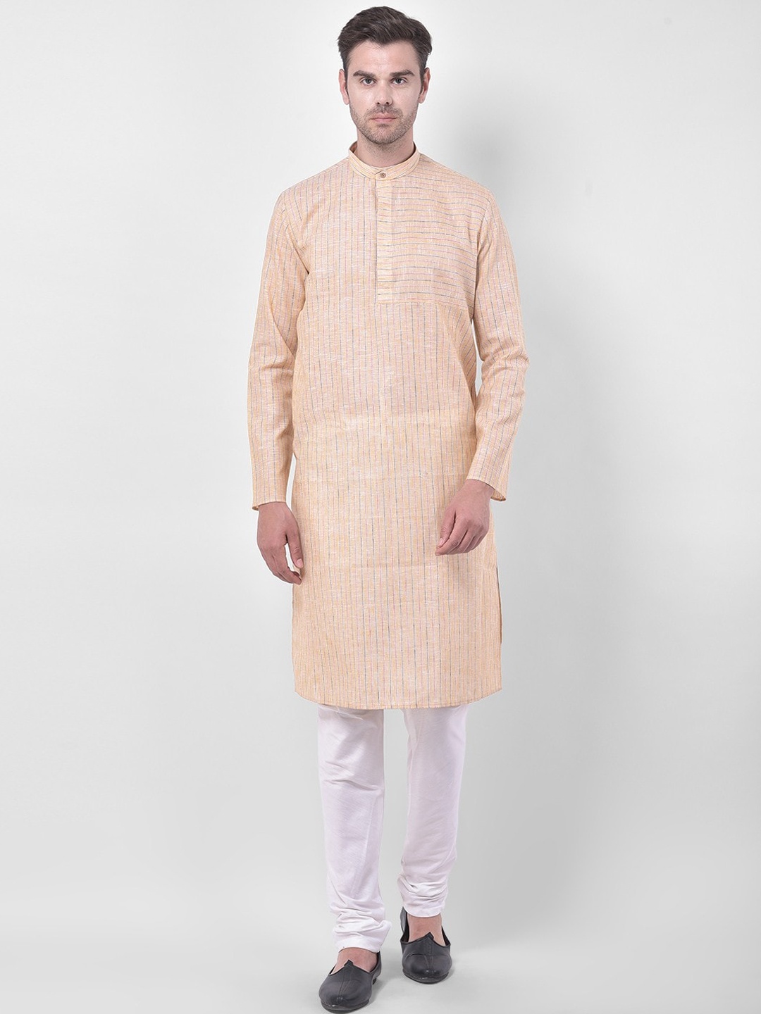 

TABARD Men Yellow Striped Cotton Linen Kurta with Churidar