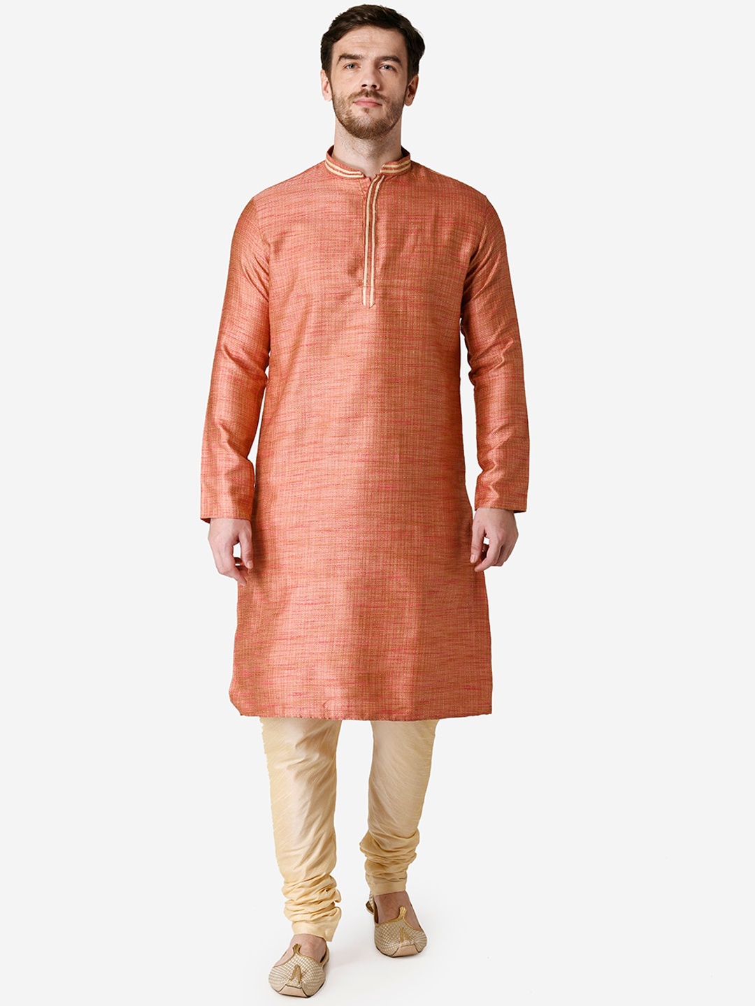 

TABARD Men Coral Red & Beige Jacqard Plain Kurta with Churidar