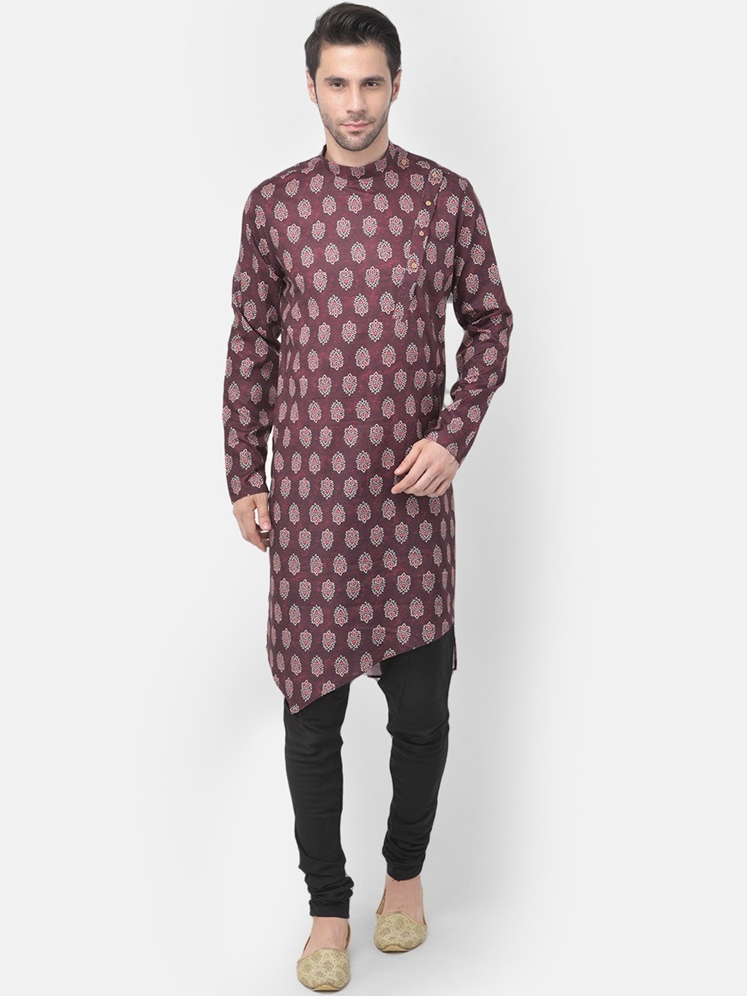 

TABARD Men Maroon Ethnic Motifs Printed Angrakha Pure Cotton Kurta with Churidar