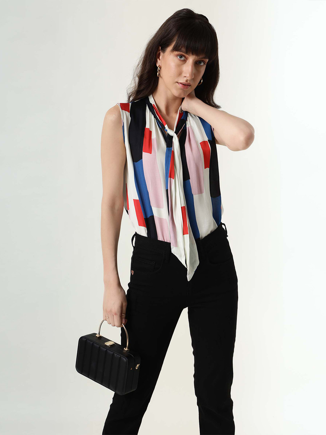

RAREISM Woman White Geometric Print Tie-Up Neck Top