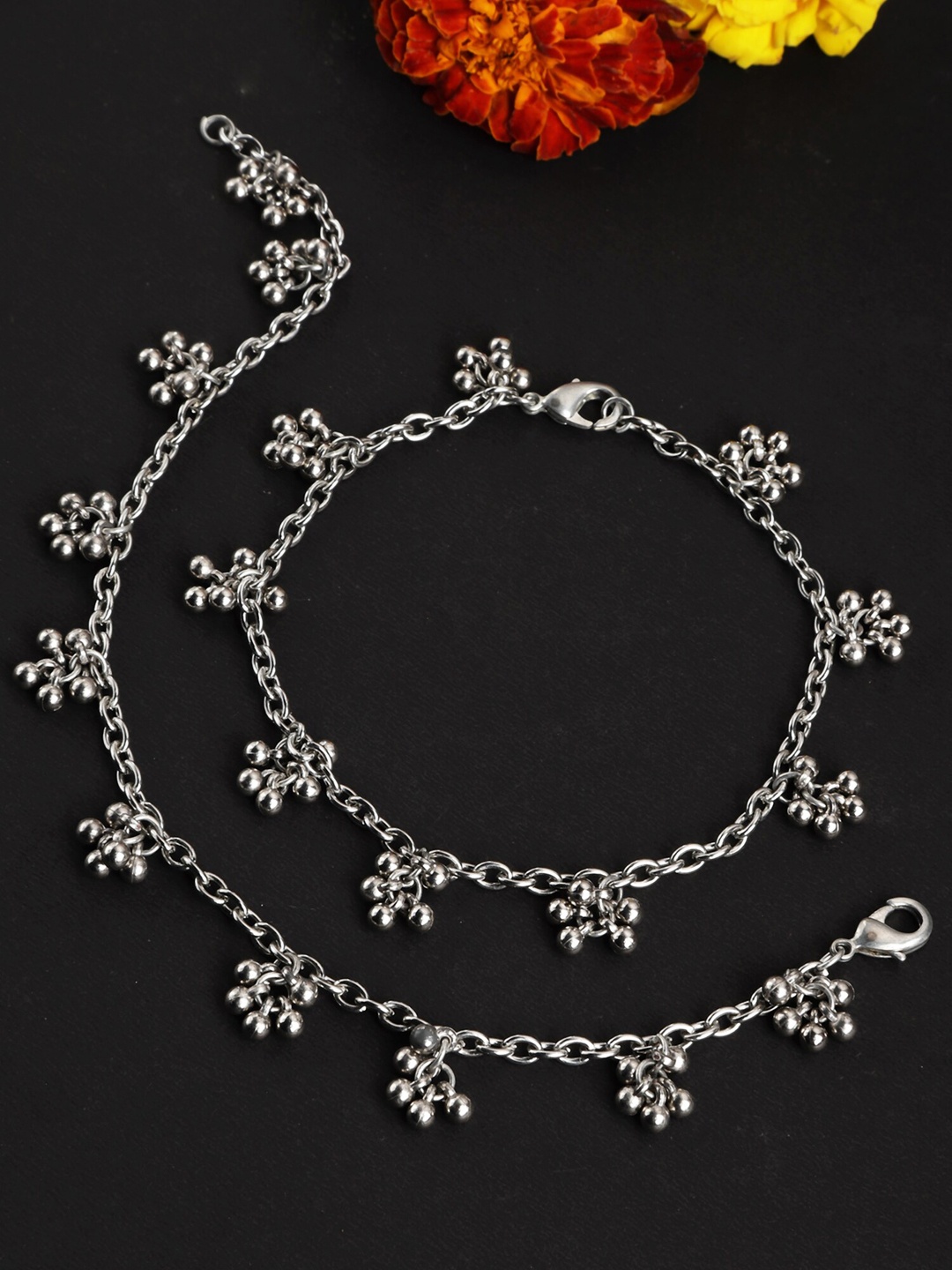 

KARATCART Set of 2 Oxidised Silver-Plated Tessel Ball Studded Anklets