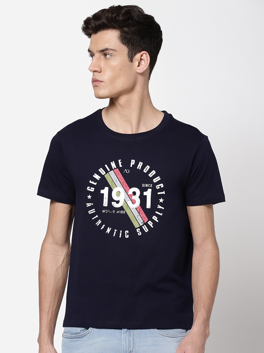 

AD By Arvind Men Navy Blue Typography Printed Regular Fit Pure Cotton T-shirt