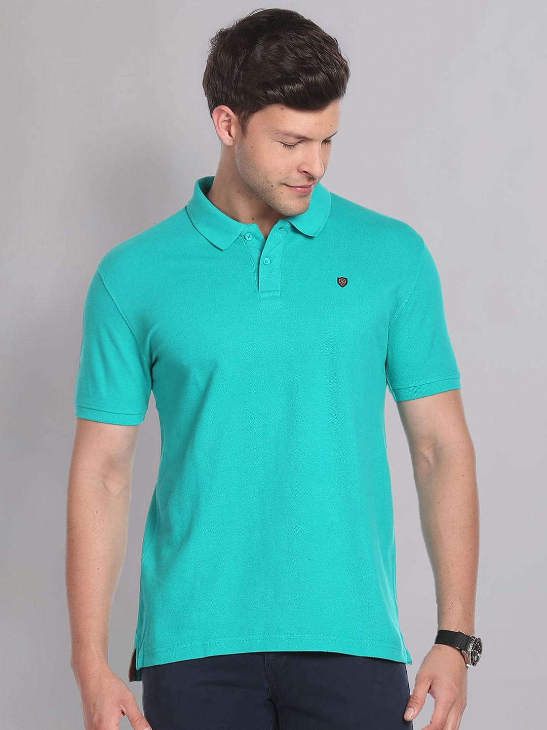 

AD By Arvind Men Sea Green Polo Collar Regular Fit Pure Cotton Pockets T-shirt