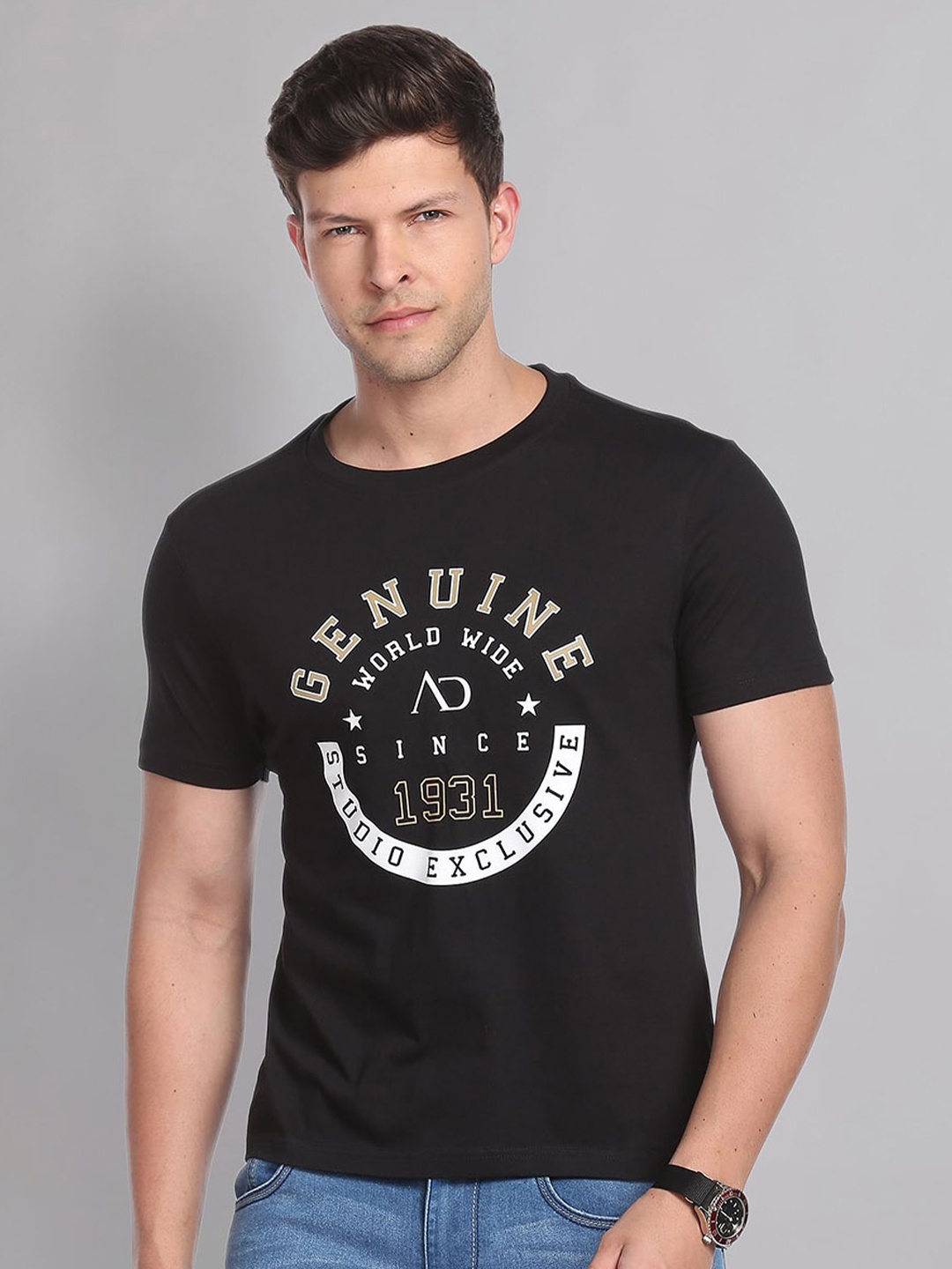 AD By Arvind Men Black Typography Printed T-shirt