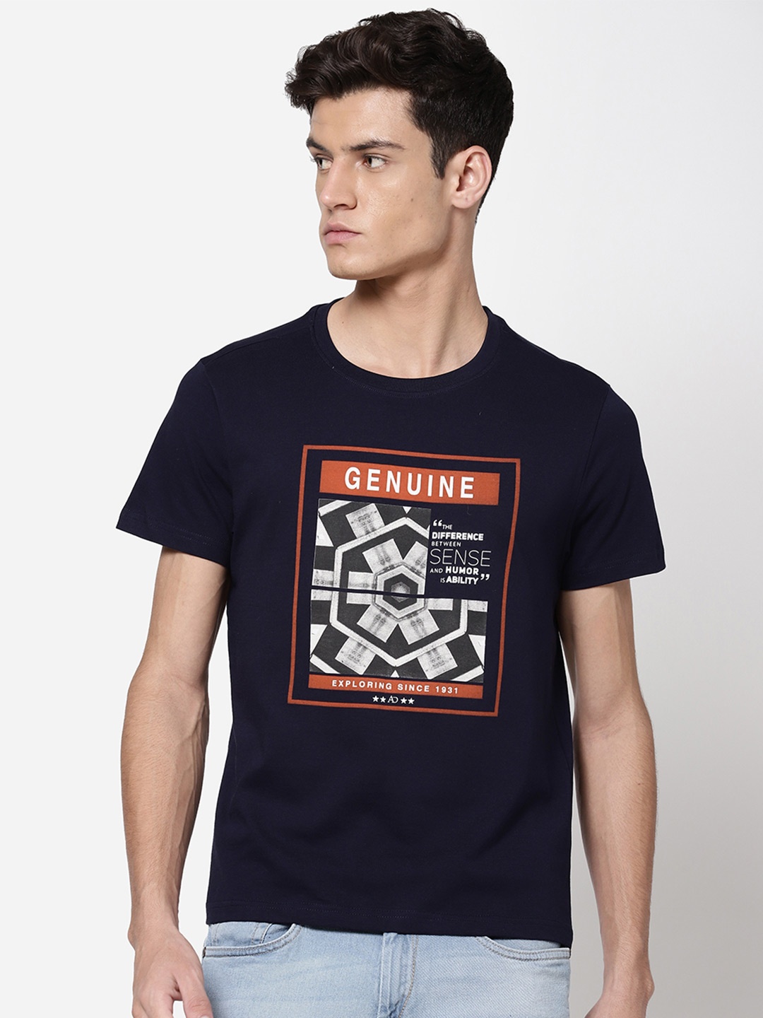 

AD By Arvind Men Navy Blue Printed Regular Fit T-shirt