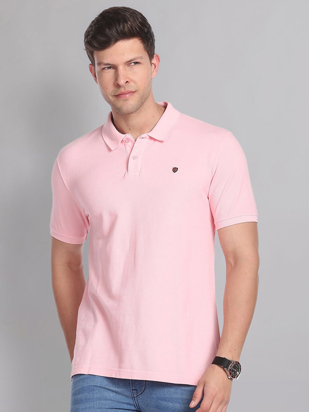 

AD By Arvind Men Pink Polo Collar Pure Cotton T-shirt