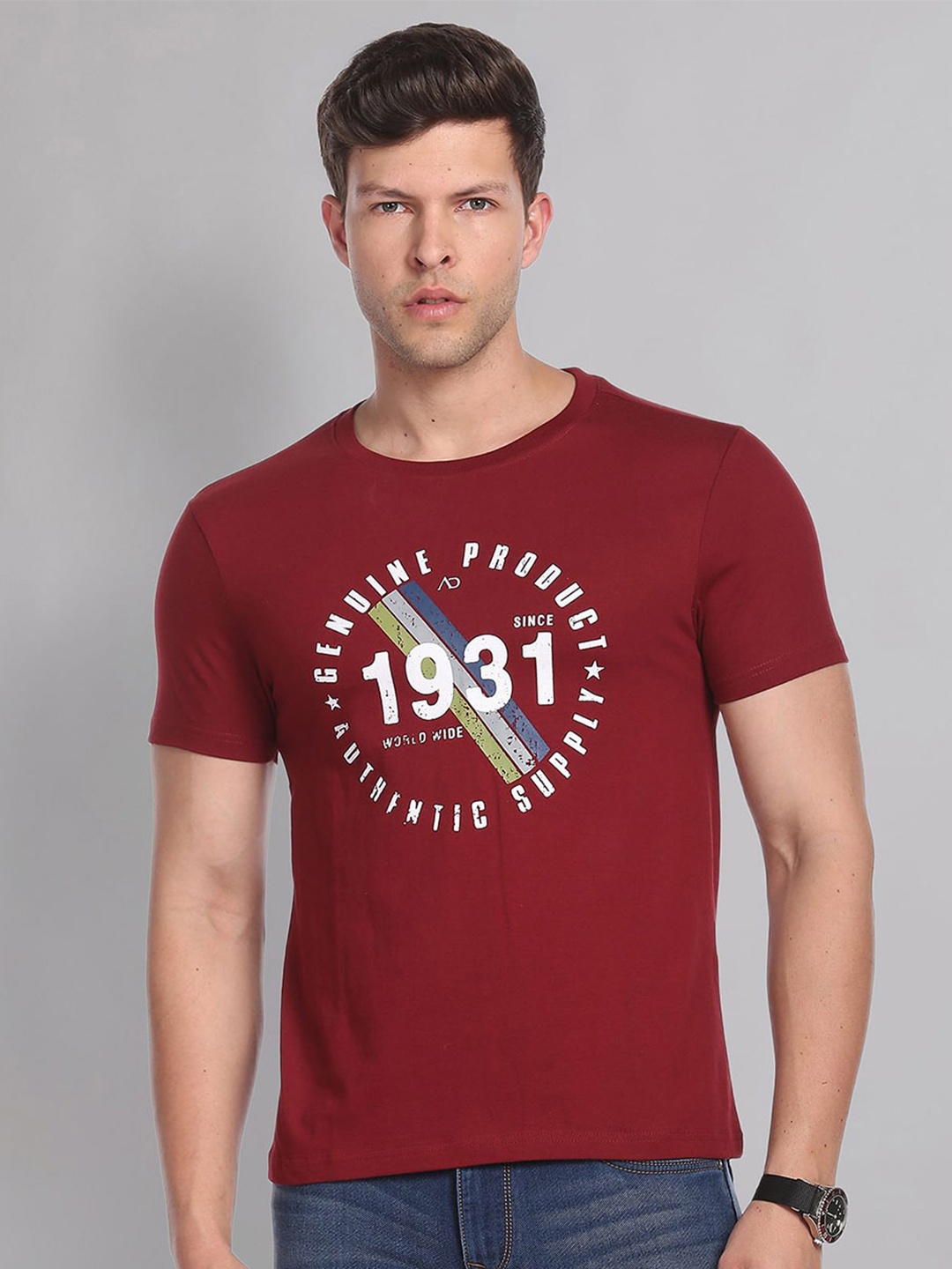 

AD By Arvind Men Maroon & White Printed Round Neck Cotton T-shirt