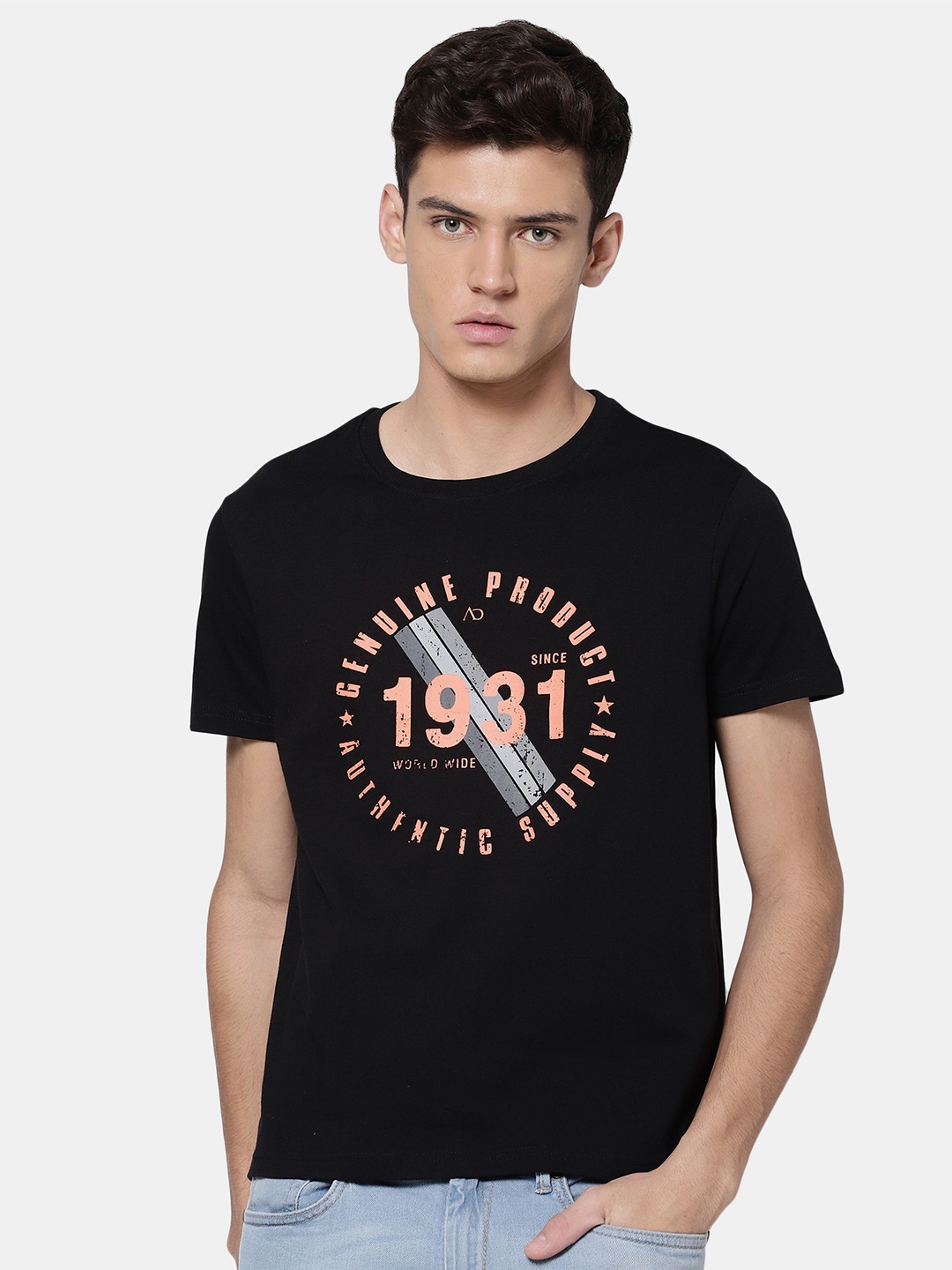 

AD By Arvind Men Black & Pink Typography Printed Pure Cotton T-shirt