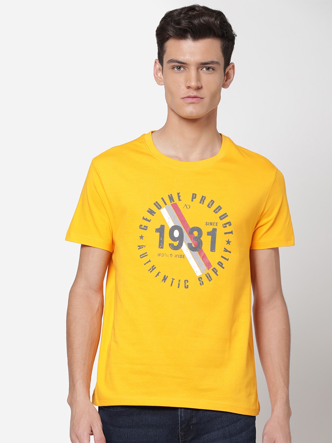 

AD By Arvind Men Yellow Printed Cotton T-shirt