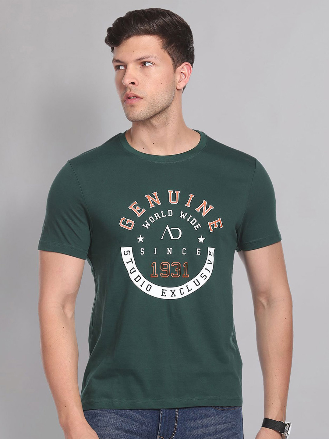 

AD By Arvind Men Green Typography Printed Pure Cotton T-shirt
