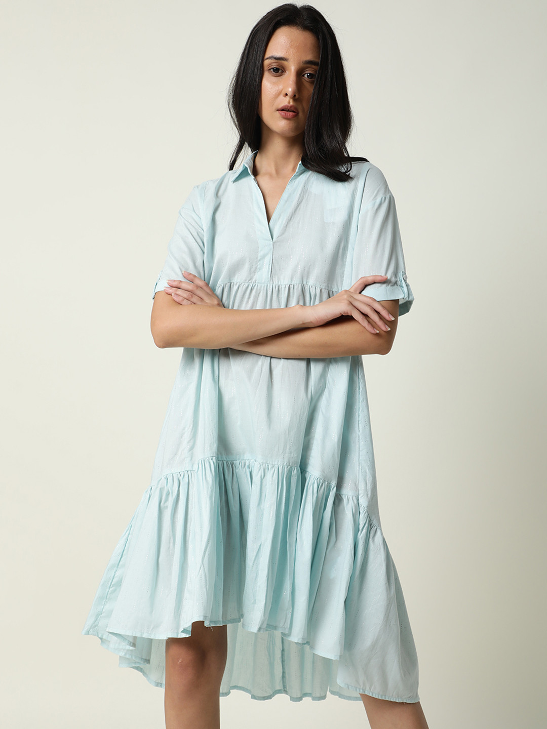 

RAREISM Blue Cotton Shirt Midi Dress