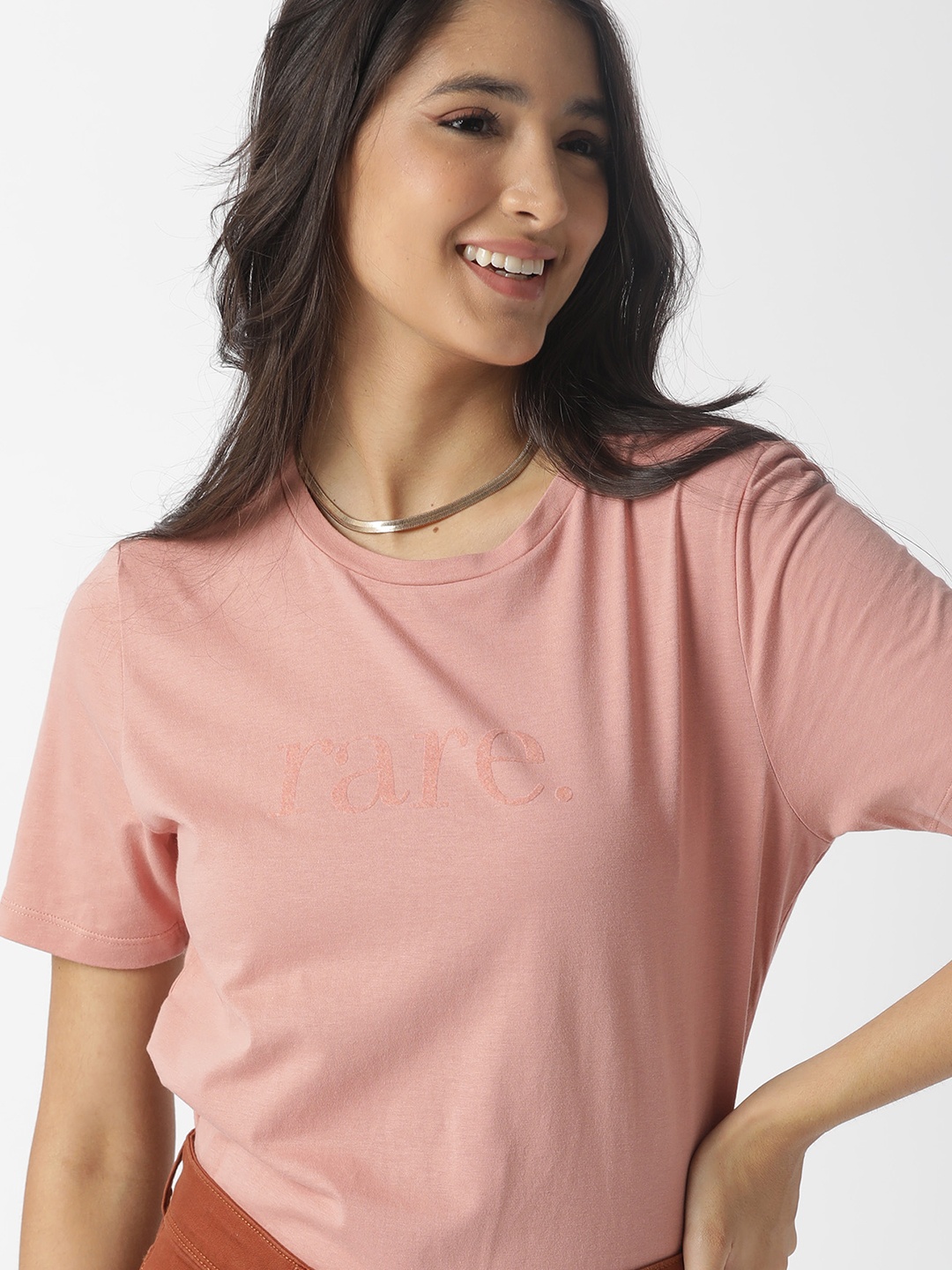 

RAREISM Women Peach-Coloured Solid Pure Cotton T-shirt