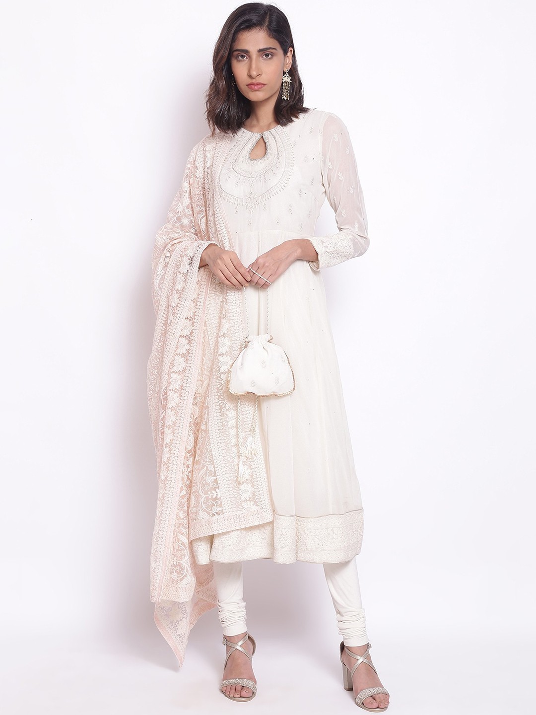 

WISHFUL Women White Embroidered Chikankari Kurta with Churidar & Dupatta