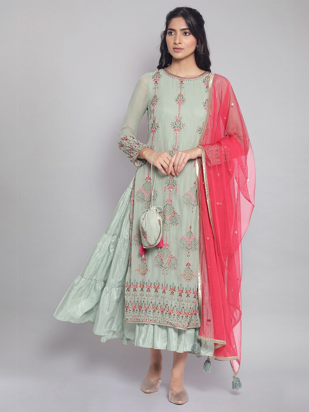 

WISHFUL Women Green Embroidered Sequinned Kurta with Skirt & Dupatta