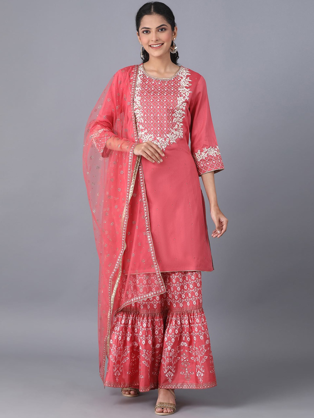 

WISHFUL Women Coral Pink Floral Yoke Design Kurta with Sharara & Dupatta