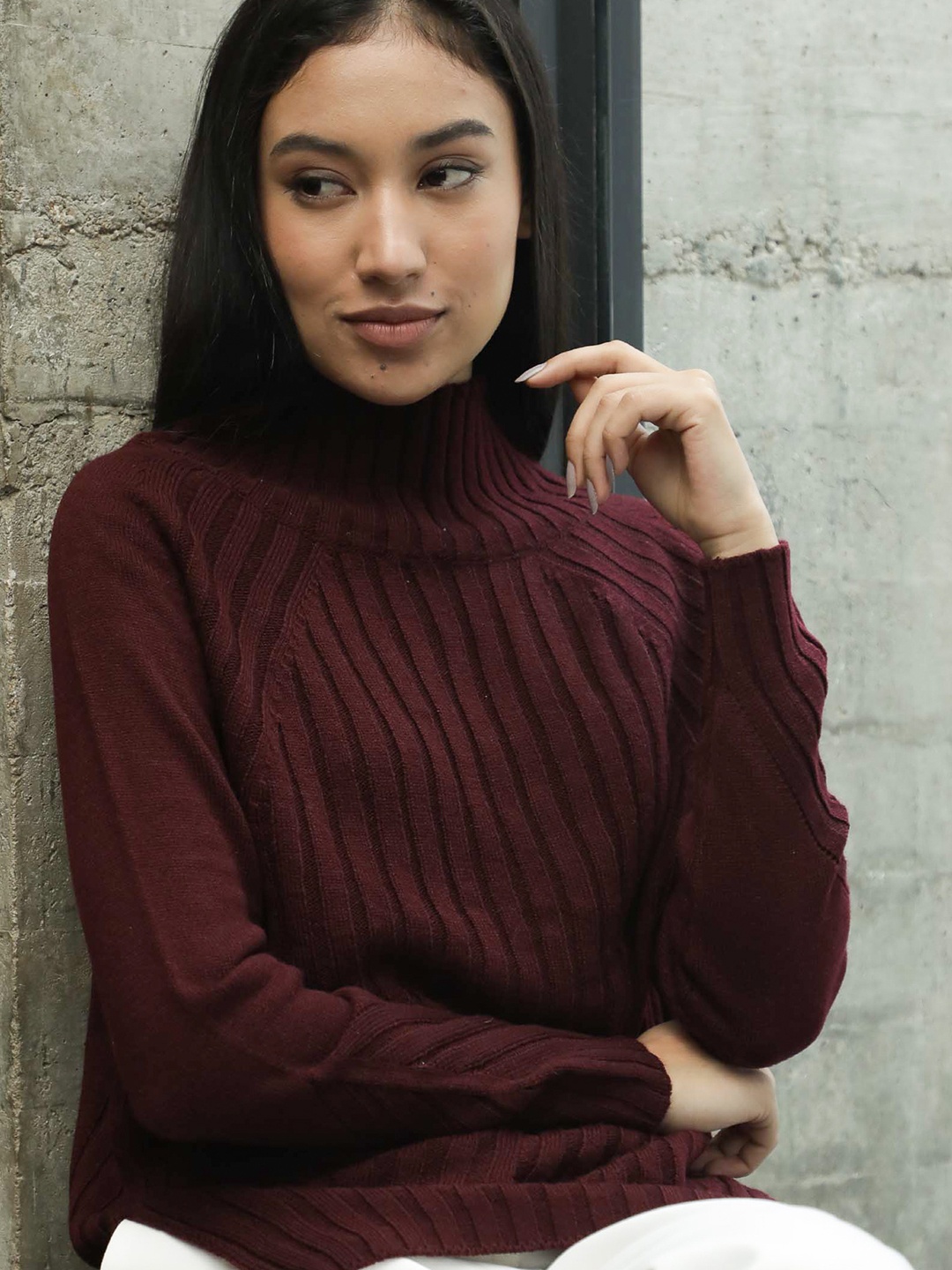 

RAREISM Women Maroon Solid Ribbed Pullover Sweater
