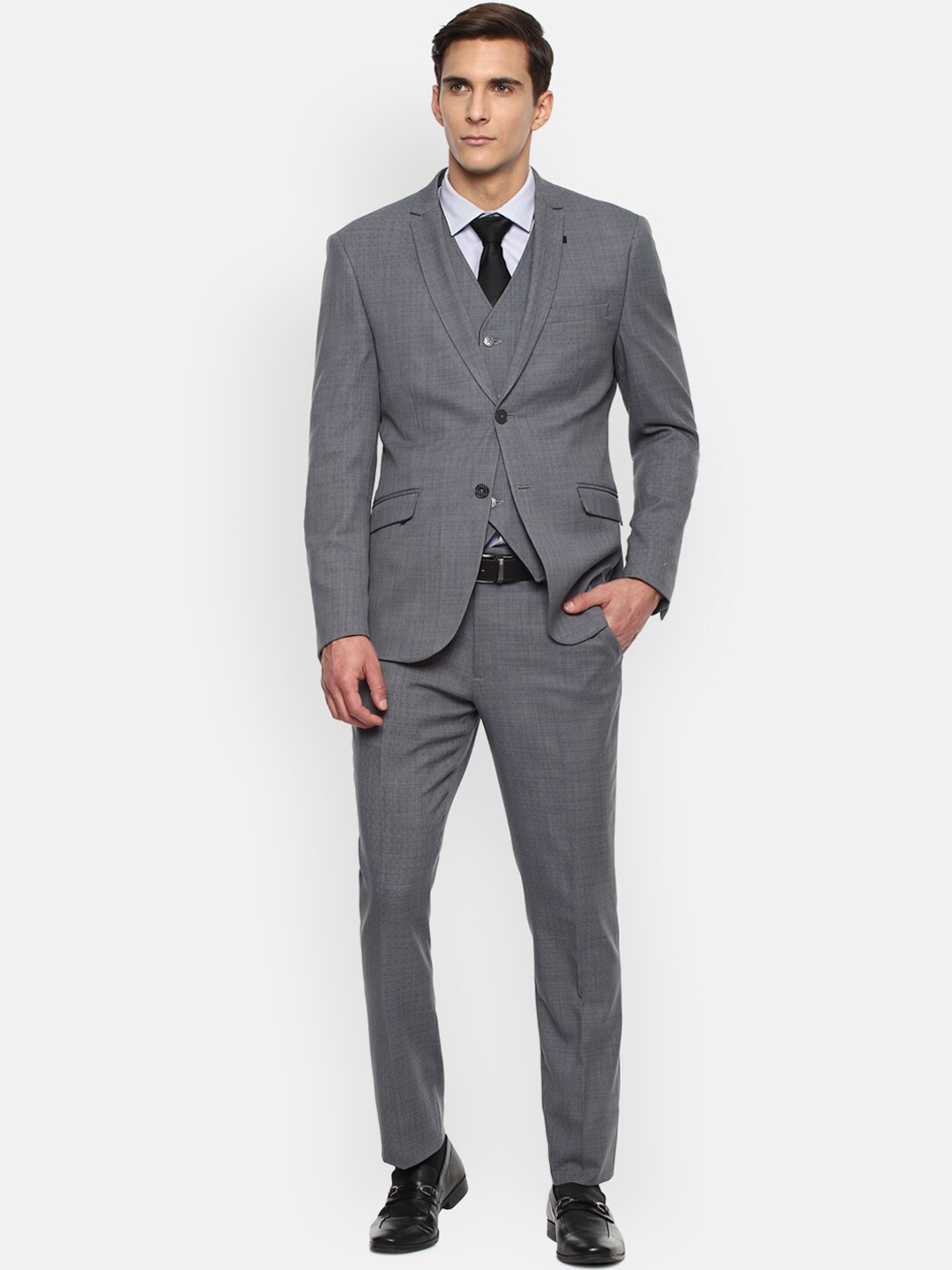 

V Dot Men Grey Self Design Single-Breasted Slim-Fit 3-Piece Suit