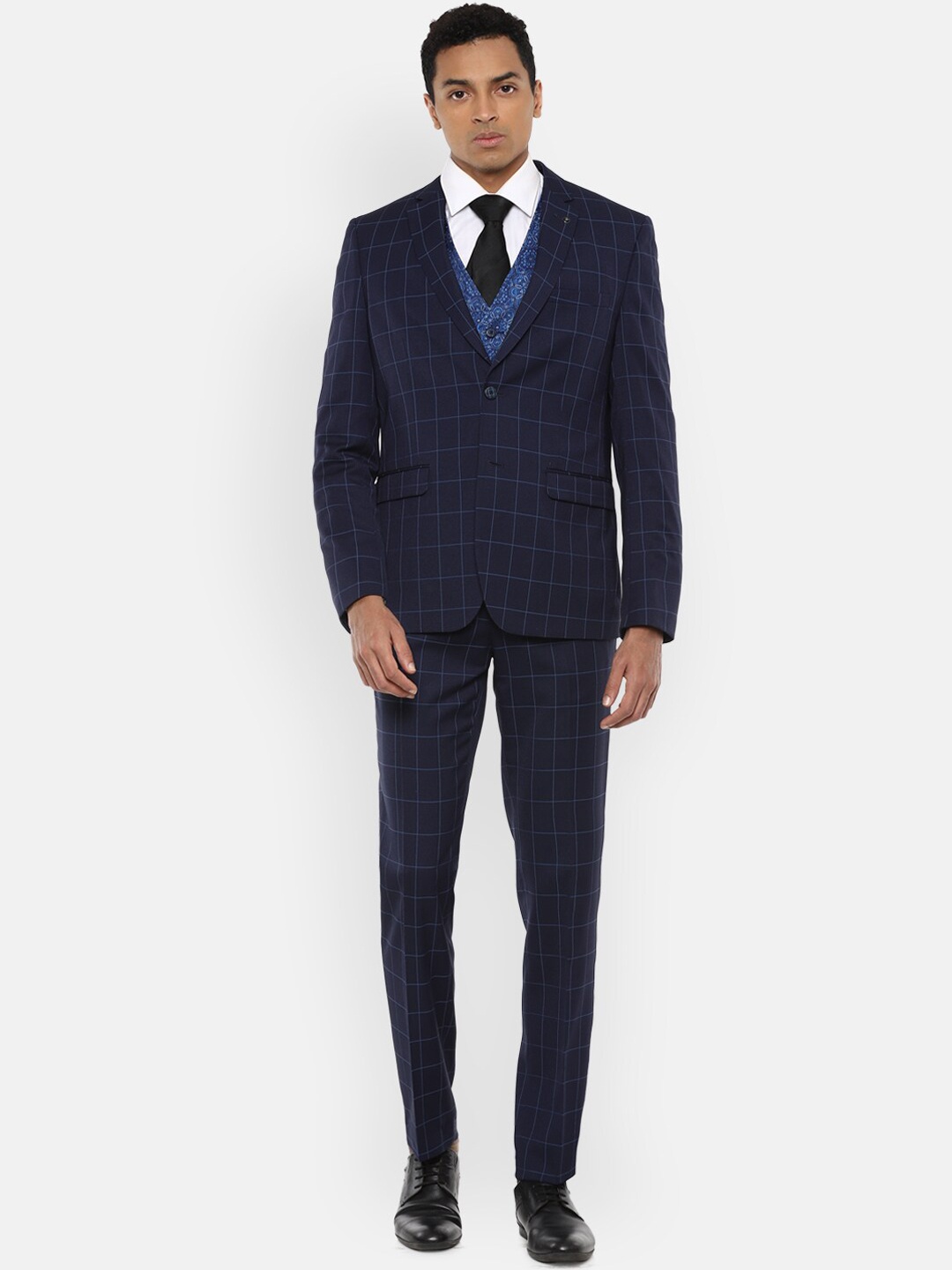 

Van Heusen Men Navy Blue Checked Single-Breasted Slim-Fit Three-Piece Suit