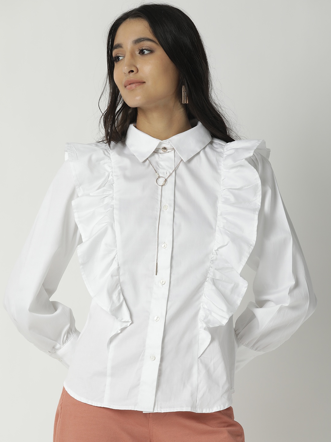 

RAREISM Women White Solid Cotton Shirt Style Top