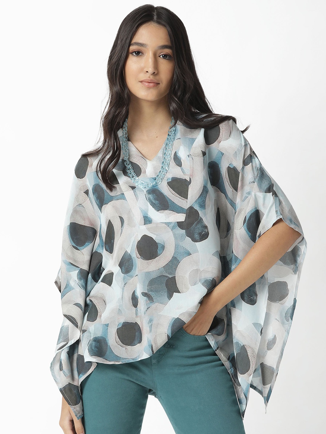 

RAREISM Woman Blue Geometric Print Extended Sleeves Wrap Top