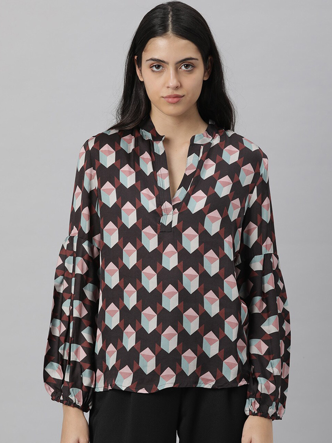 

RAREISM Women Coffee Brown Print Mandarin Collar Top