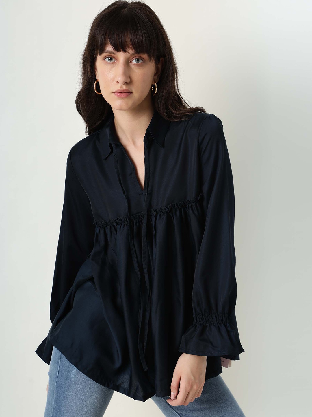 

RAREISM Teal Tie-Up Neck Bishop Sleeves Top