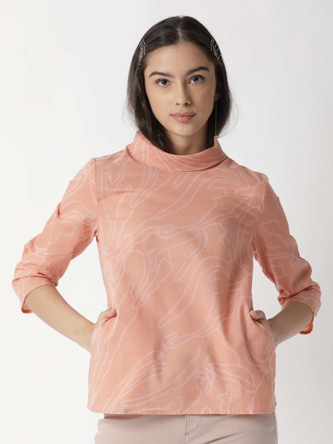 

RAREISM Orange Printed Cotton Blend A-Line Top