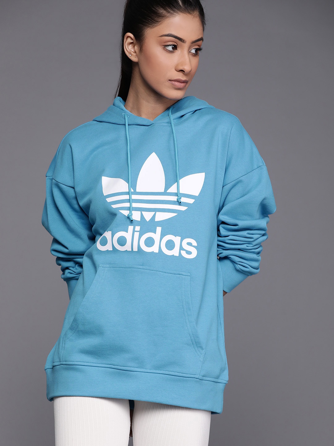 

ADIDAS Originals Women Blue TRF Pure Cotton Printed Hooded Sustainable Sweatshirt