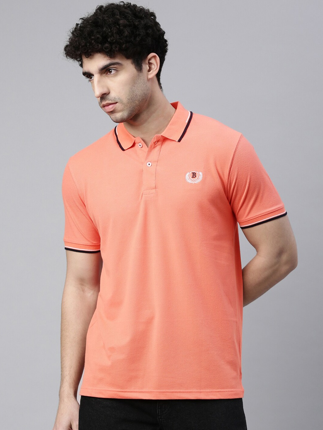 

Bushirt Men Peach-Coloured Solid Polo Collar Regular Fit Pure Cotton T-shirt