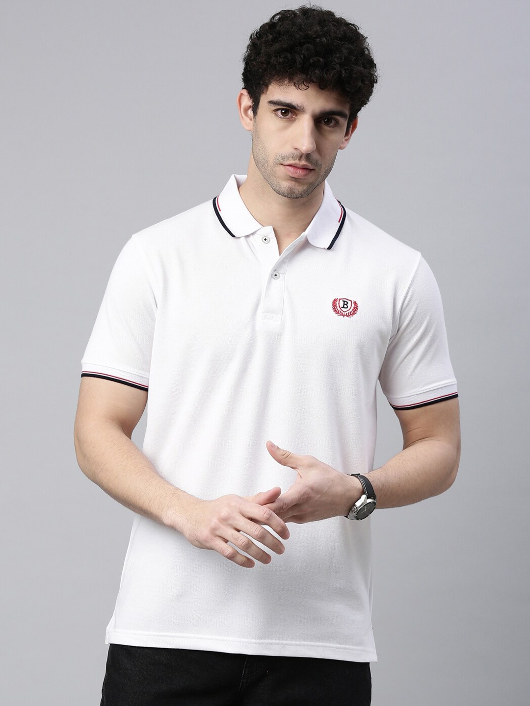 

Bushirt Men White Polo Collar Regular Fit Cotton T-shirt