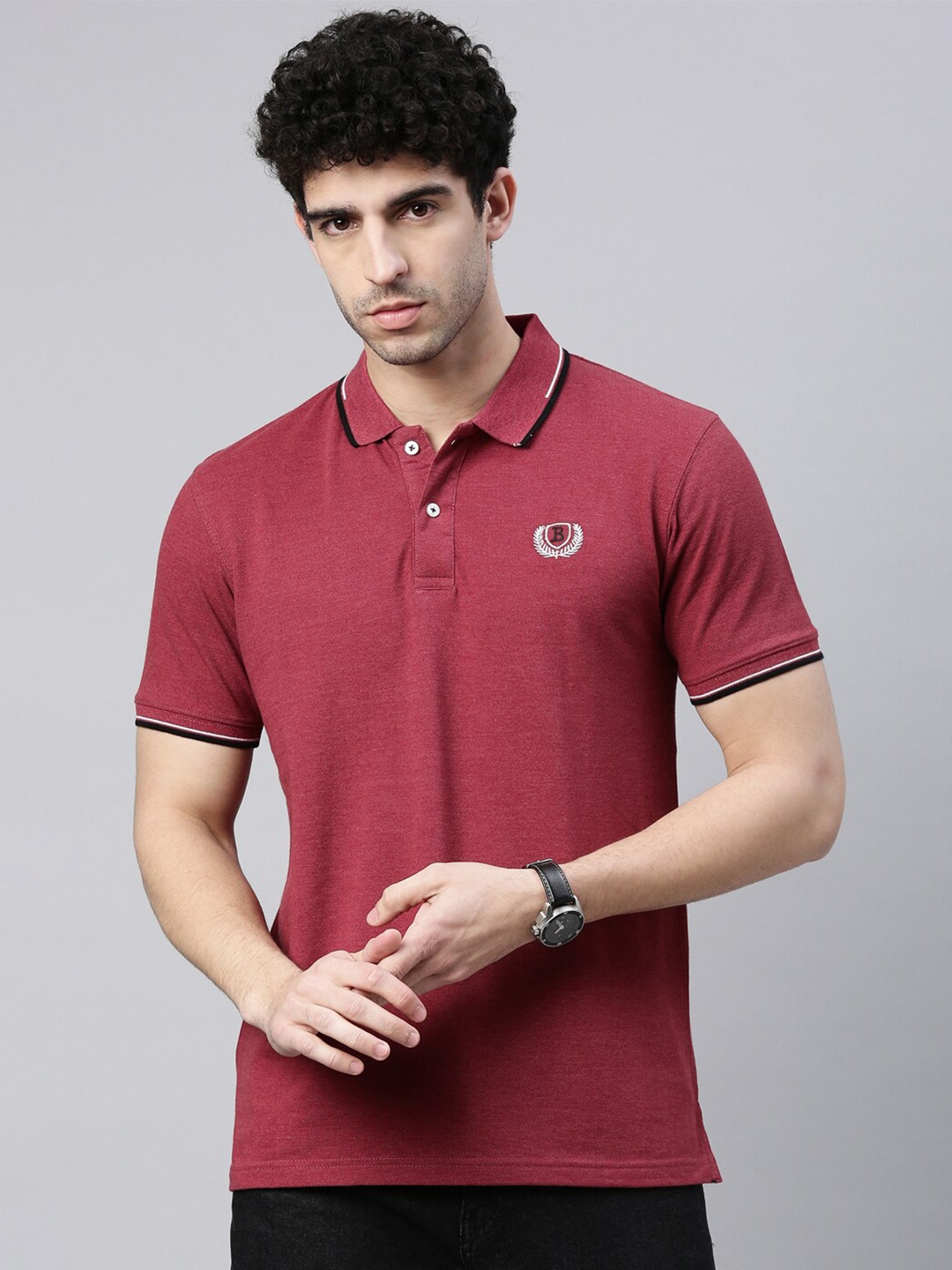 

Bushirt Men Burgundy Cotton Polo Collar T-shirt