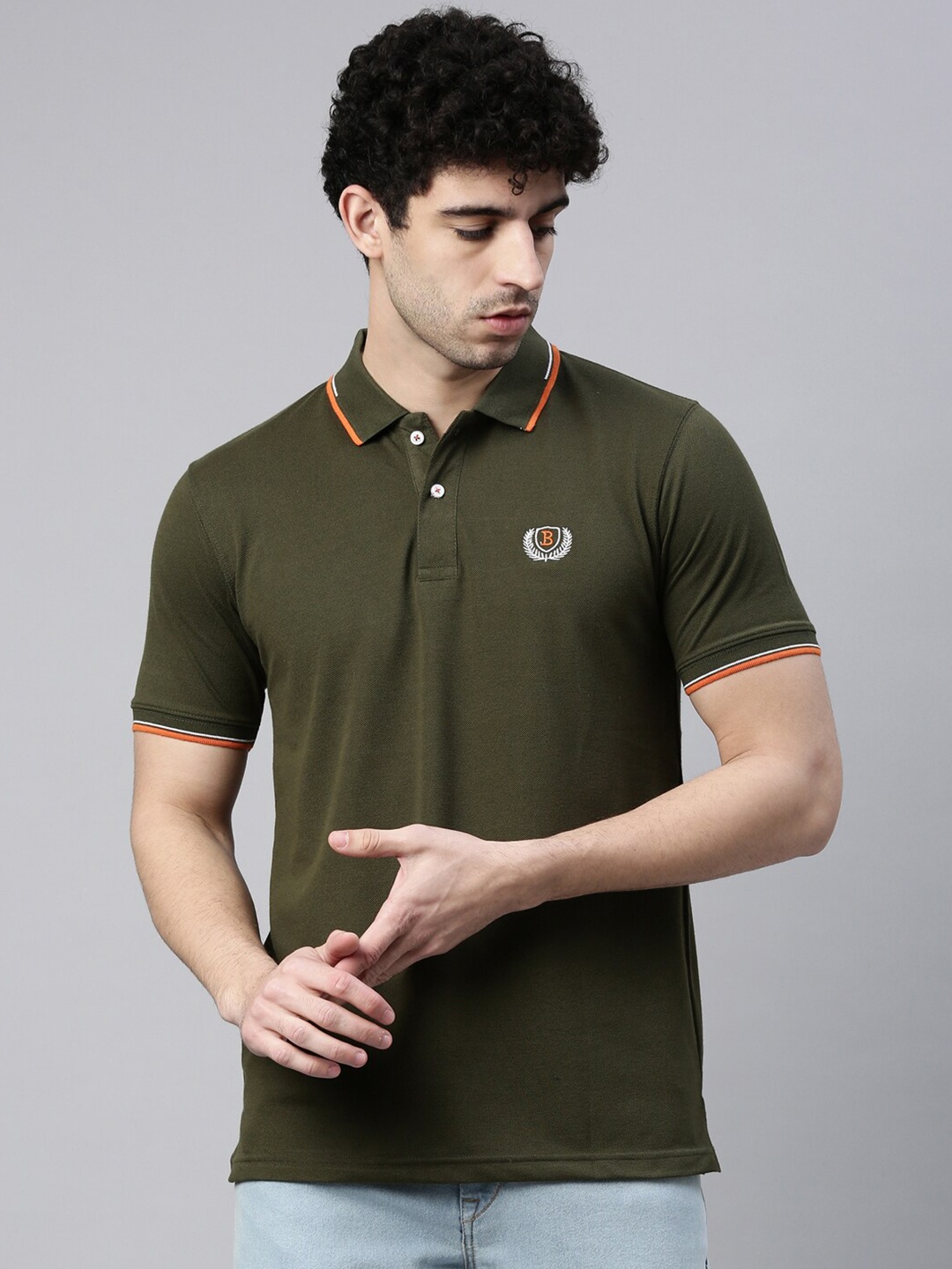 

Bushirt Men Olive Green Polo Collar T-shirt