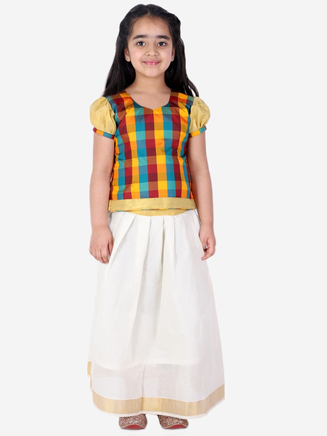 

BownBee Girls White & Multicolored Ready to Wear South Indian Pavda Pattu Lehenga & Choli