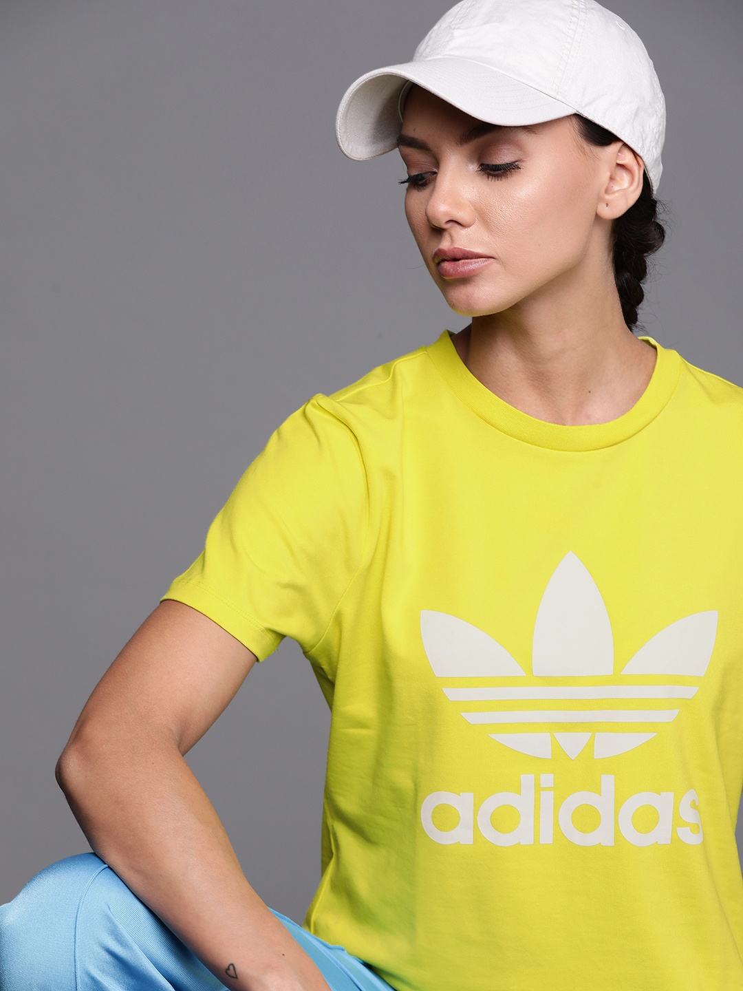 

ADIDAS Originals Women Lemon Yellow Trefoil Logo Print Sustainable T-shirt