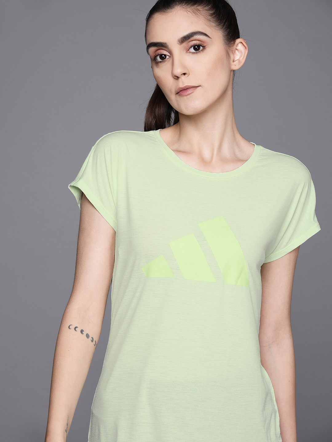 

ADIDAS Women Lime Green Brand Logo Printed 3-Stripes Printed Training T-shirt