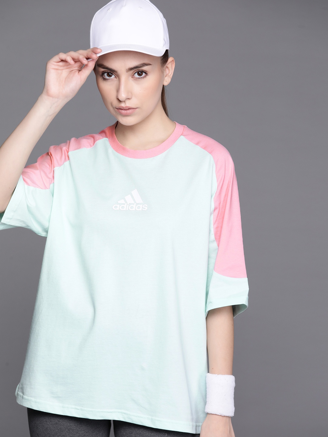 

ADIDAS Women Green & Pink Colourblocked Pure Cotton T-shirt